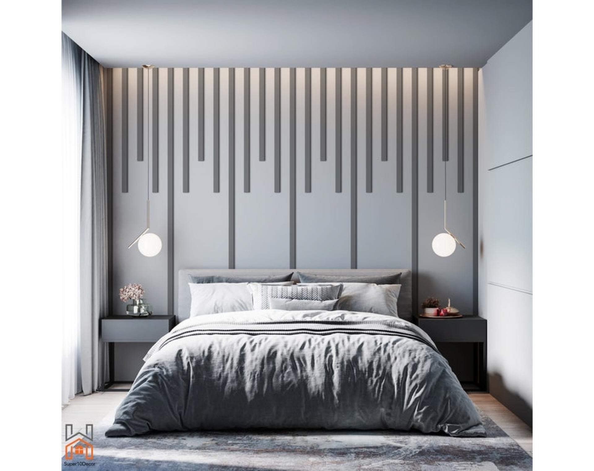 Light grey master bedroom feature wall with staggered vertical wall slats and hanging globe pendant lights.