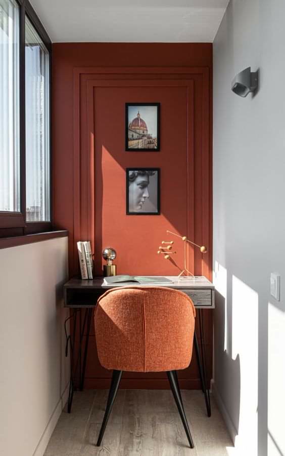 Compact Home Office Nook with Terracotta Accent Wall