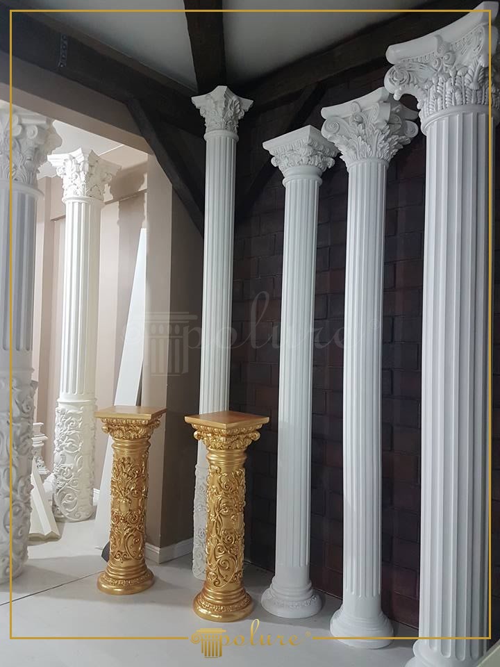 Showroom Line of White Columns and Gold Pedestals