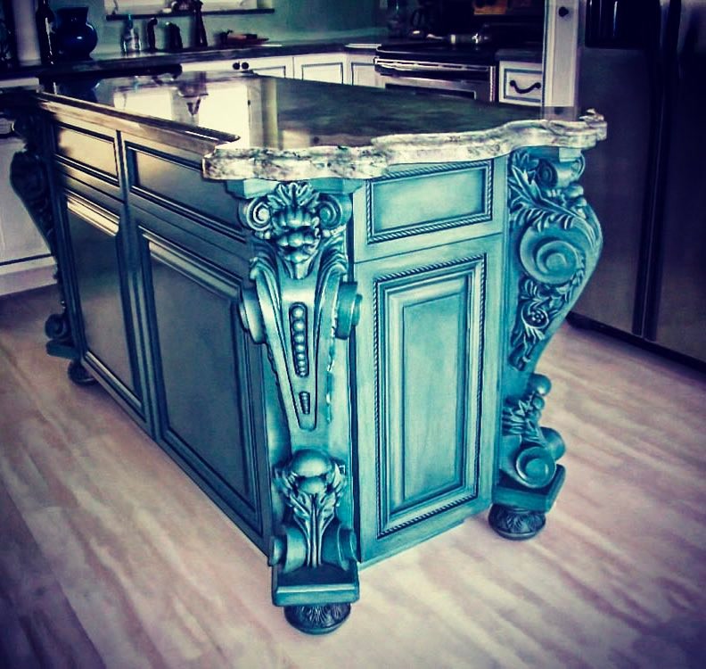 Teal Kitchen Island with Carved Polyurethane Legs