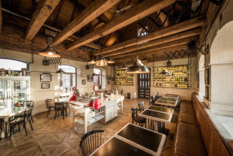 Rustic Restaurant Interior with Exposed Timber Beams
