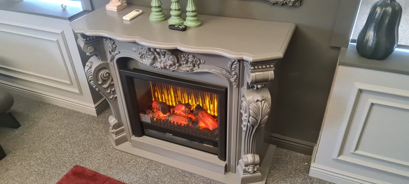Grey Fireplace Mantle Console with Serpentine Mantel Shelf