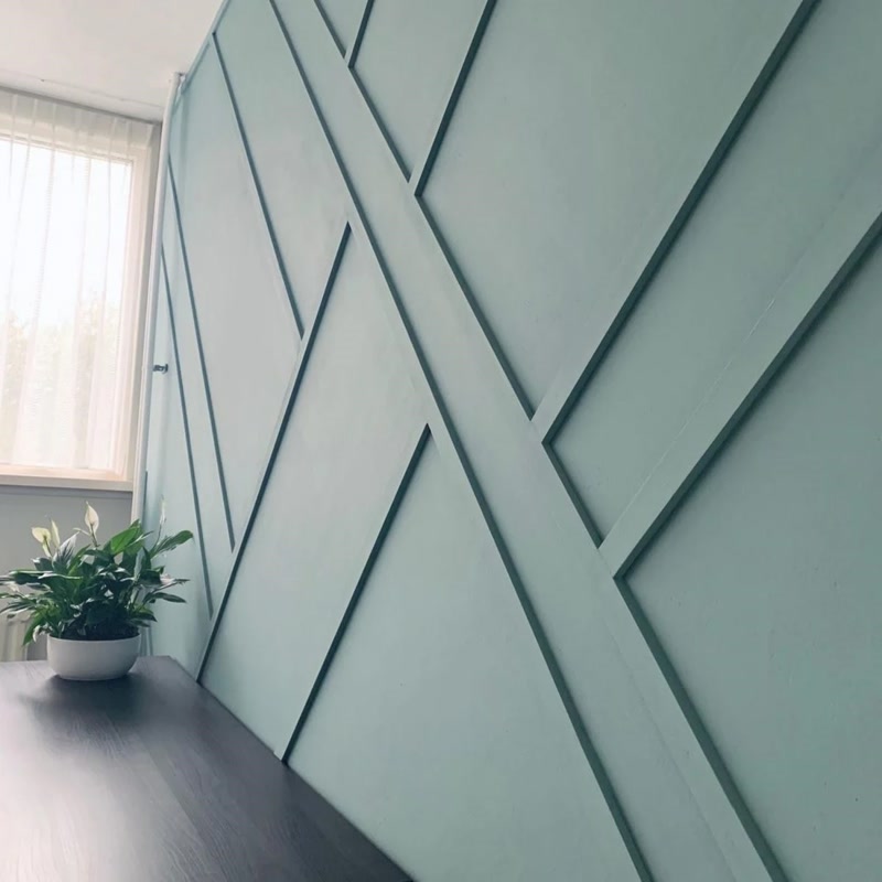 Sage Green Geometric Feature Wall with Linear Slats
