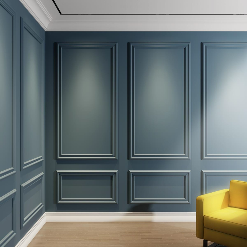 Steel Blue Wall Wainscoting with Yellow Armchair