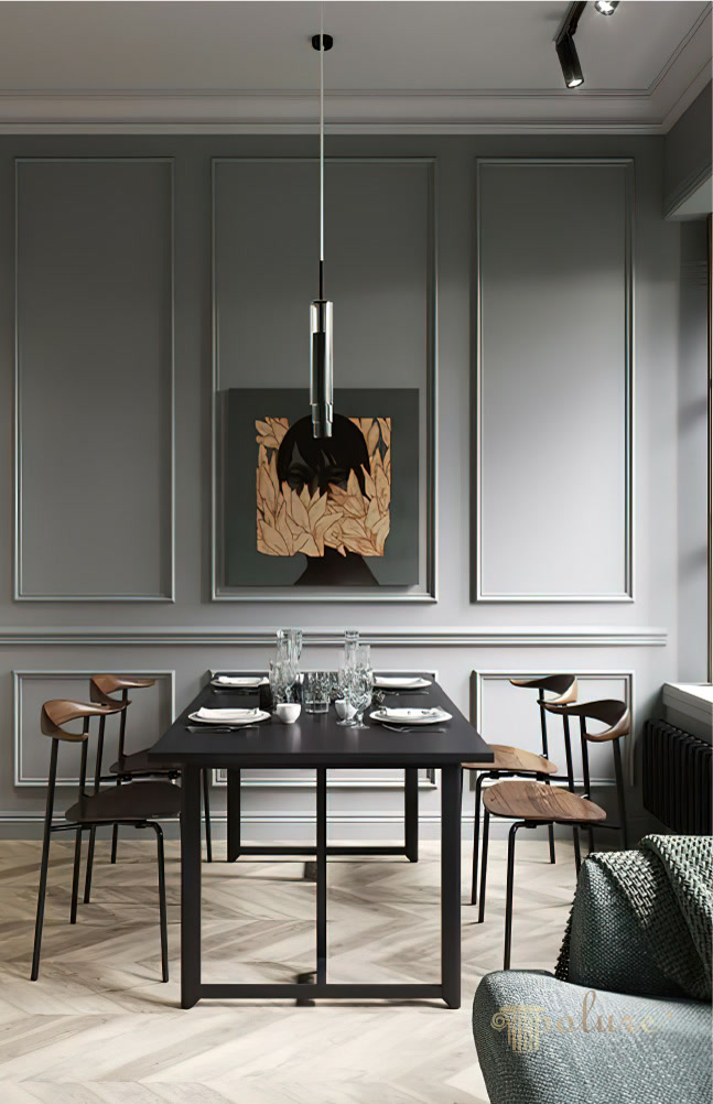 Grey Dining Room Wall Paneling with Black Table