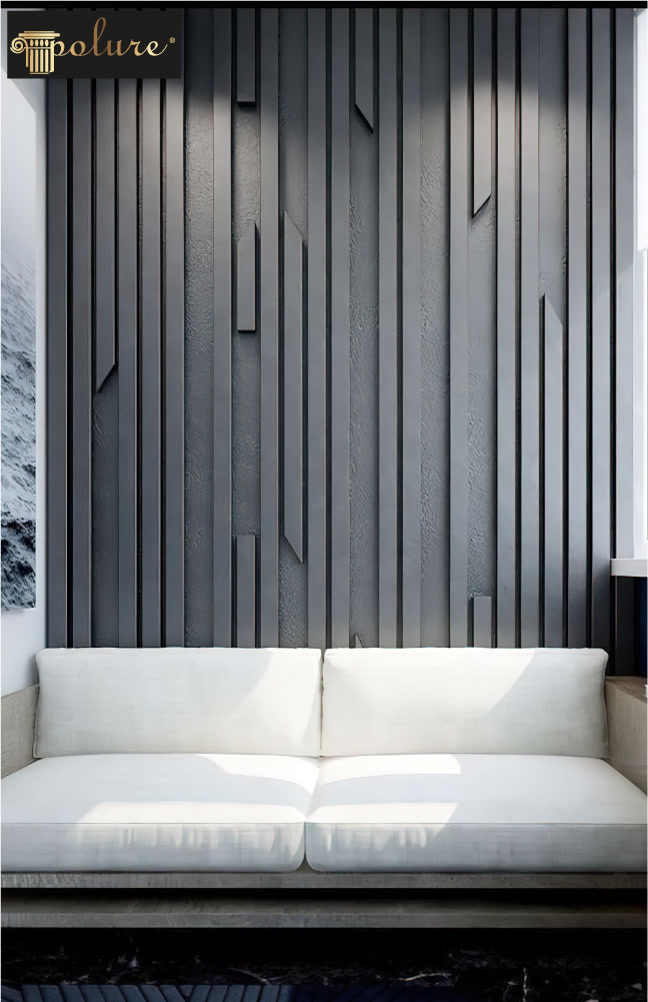 Dark Slate Vertical Slat Wall behind White Sofa