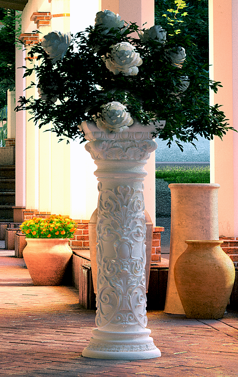 White Carved Column Pedestal Planter in Garden