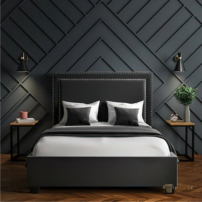 Dark Graphite Chevron Feature Wall behind Bed