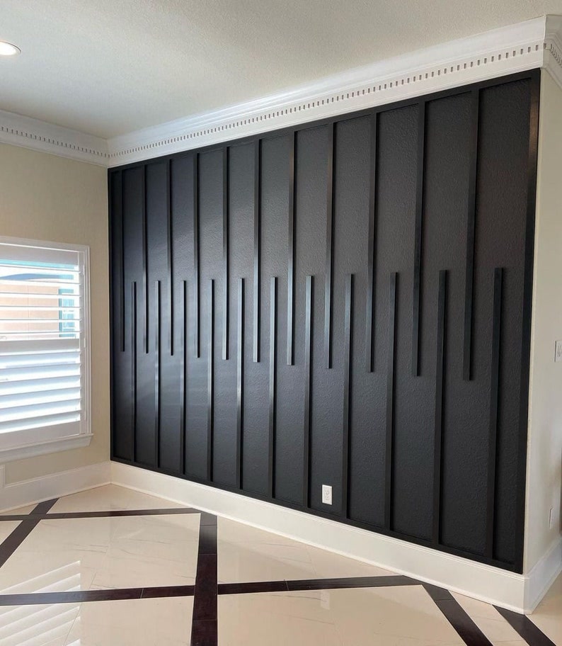 Textured Black Staggered Slat Wall Paneling