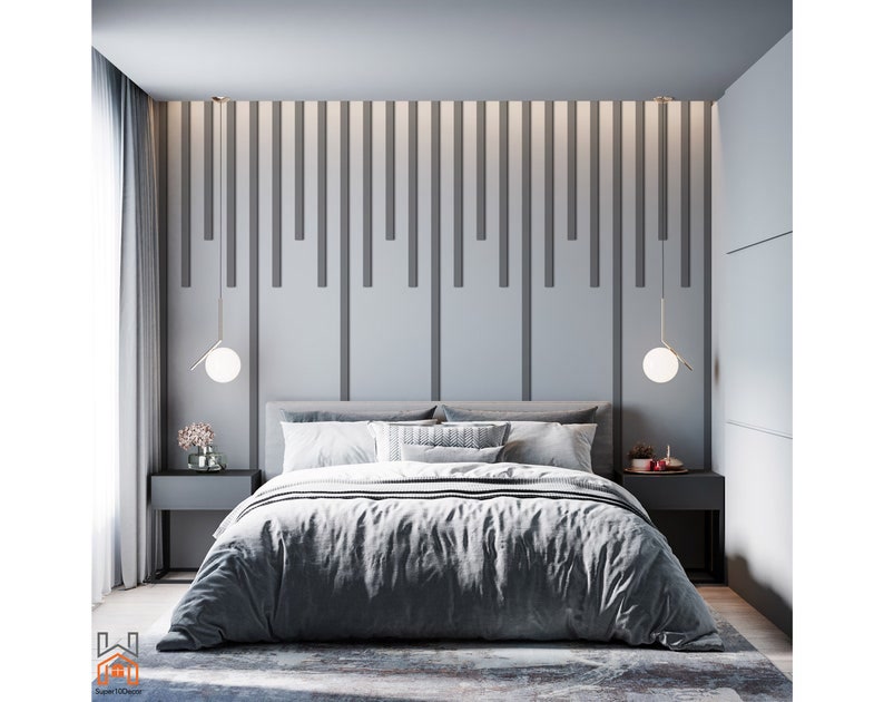 Light Grey Icicle Slat Wall behind Double Bed