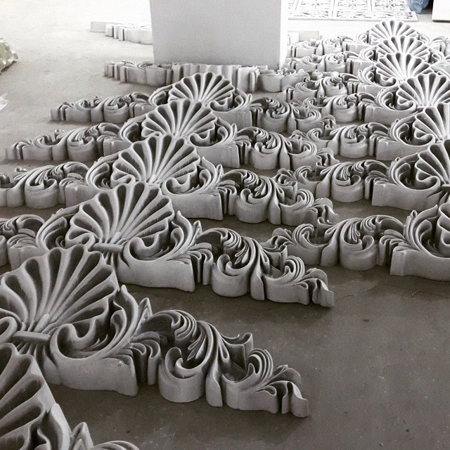 Unpainted Shell Pediment Reliefs on Factory Floor