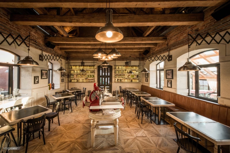 Commercial Bistro Dining Hall with Timber Beams