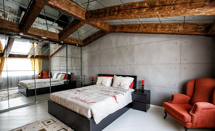 Industrial Bedroom with Timber Beams and Concrete Wall