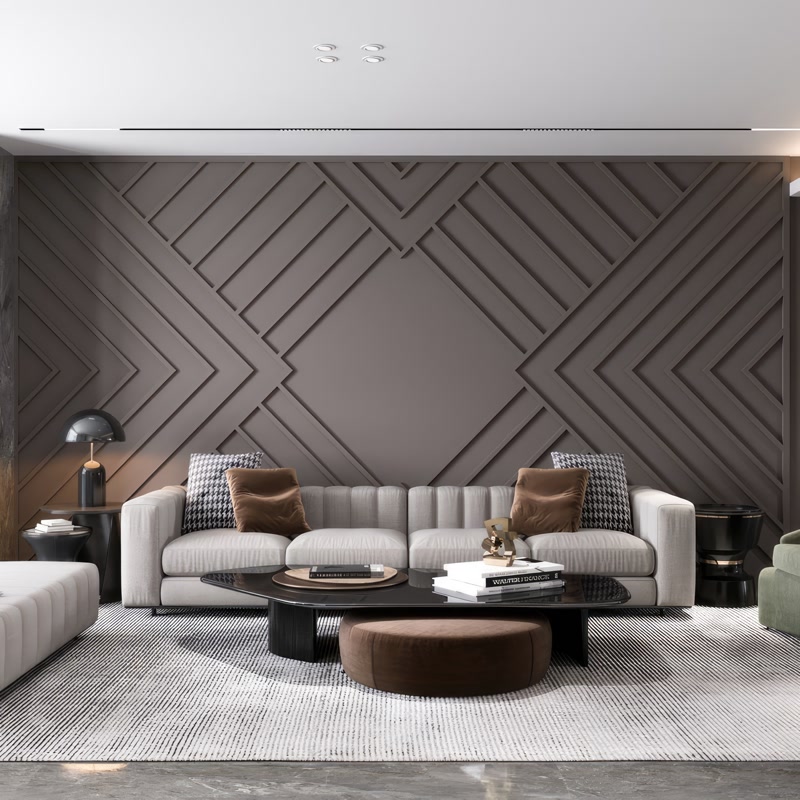 Contemporary Living Room with Geometric Slat Wall