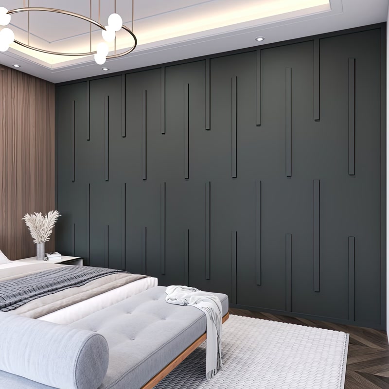 Contemporary Bedroom with Dark Vertical Batten Wall