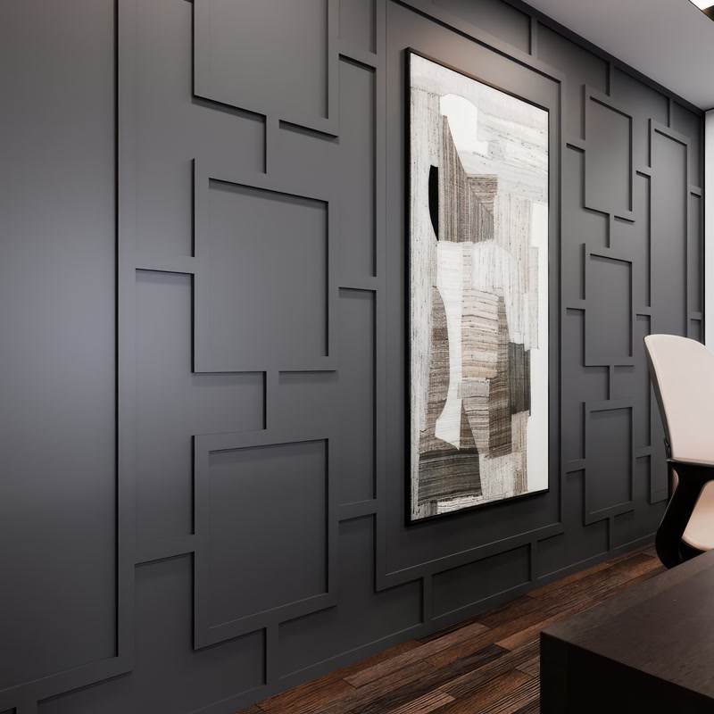Charcoal Geometric Box Wall Paneling with Art