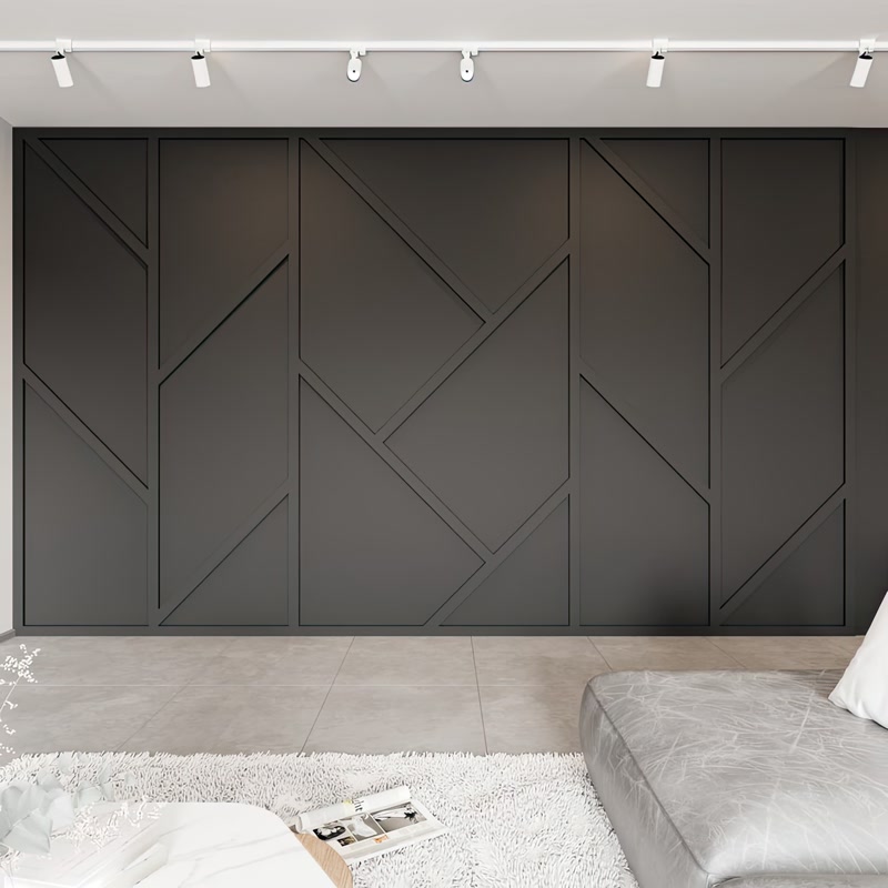 Dark Charcoal Geometric Wall with Overhead Track Lights
