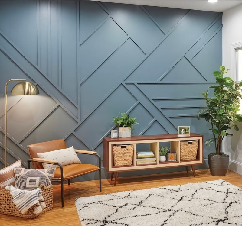Slate Blue Geometric Slat Wall Lounge Corner