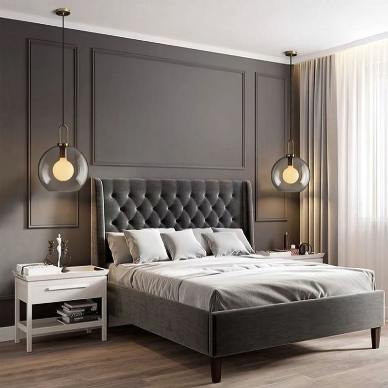 Tufted Velvet Bed with Dark Grey Wall Paneling