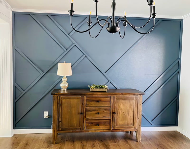 Slate Blue Dining Room Slat Wall with Credenza