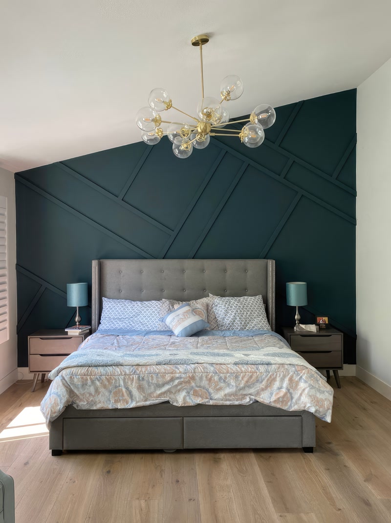 Dark Teal Slat Wall in Sloped Bedroom Alcove