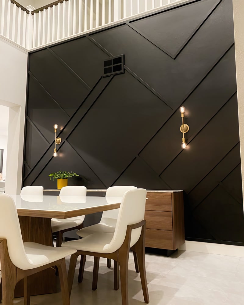 Black Geometric Slat Wall in Modern Dining Room