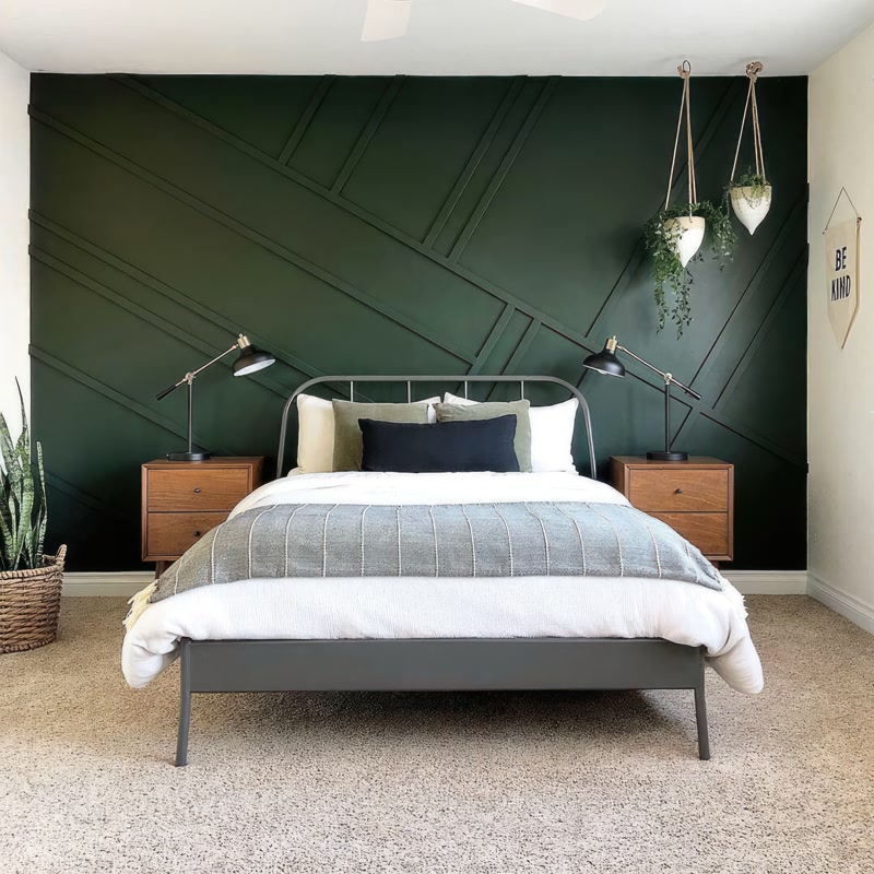Forest Green Diagonal Slat Wall Bedroom Architectural Trim