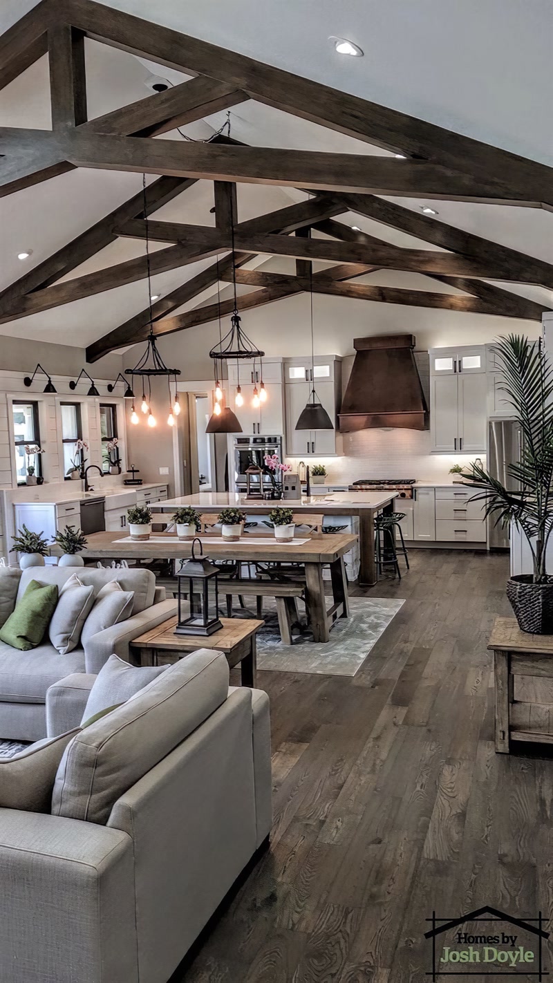 Vaulted Great Room Ceiling with Faux Timber Trusses
