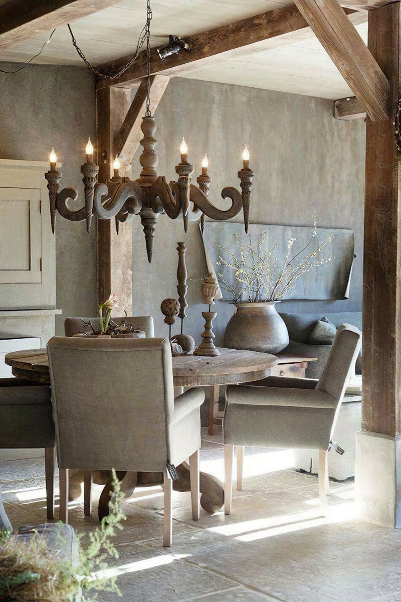 Rustic Dining Room with Timber Posts and Chandelier