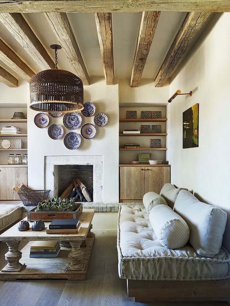 Mediterranean Living Room with Exposed Ceiling Joists