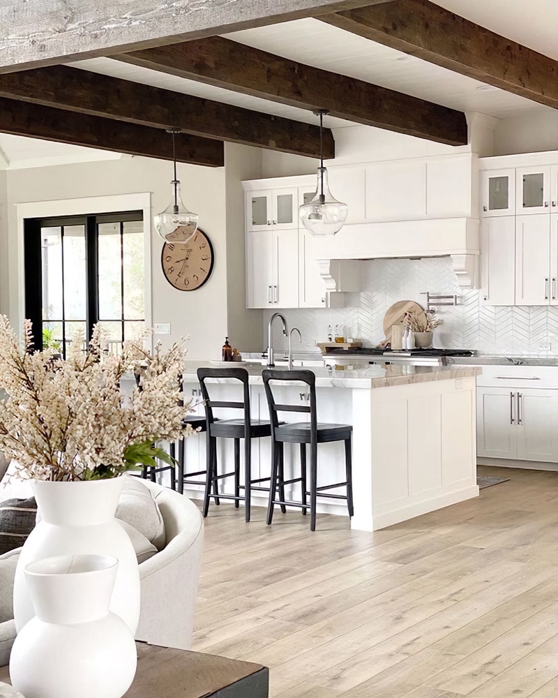 Modern Farmhouse Kitchen with Dark Ceiling Beams