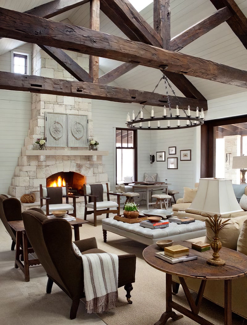 Rustic Living Hall with Timber Roof Trusses