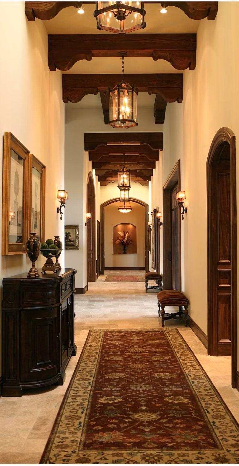 Long Villa Corridor with Faux Timber Ceiling Beams