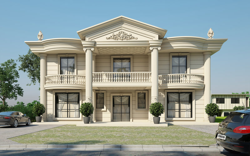 Classical Cream Villa Facade with Curved Balcony