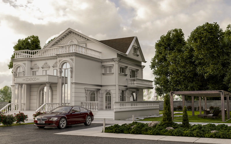 Grey Classical Estate Mansion Rendering with Car