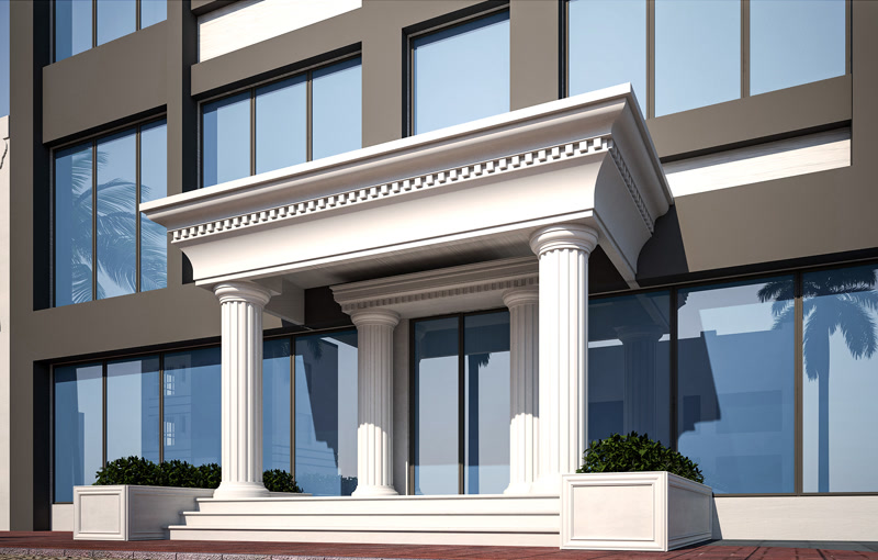White Entrance Portico Canopy with Doric Columns