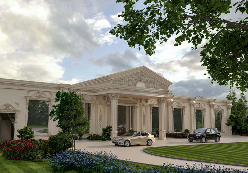Single Story Luxury Event Hall Facade Rendering