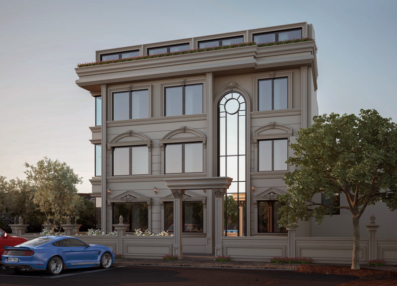 Commercial Facade Rendering with Blue Sports Car