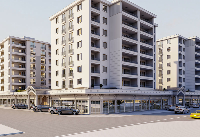 Multi-Story Apartment Complex with Retail Arcade