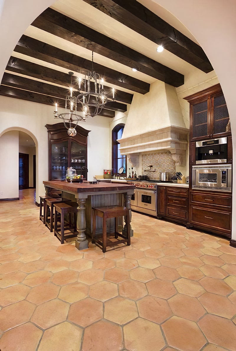 Spanish Villa Kitchen with Dark Timber Beams
