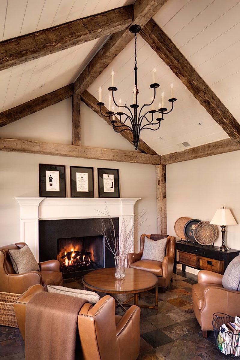 Vaulted Fireplace Lounge with Faux Timber Trusses