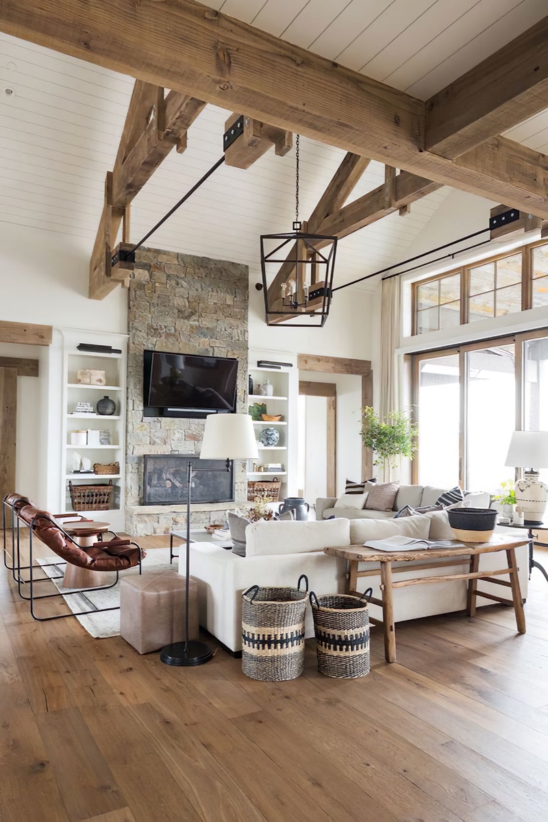 Vaulted Farmhouse Living Room with Timber Trusses