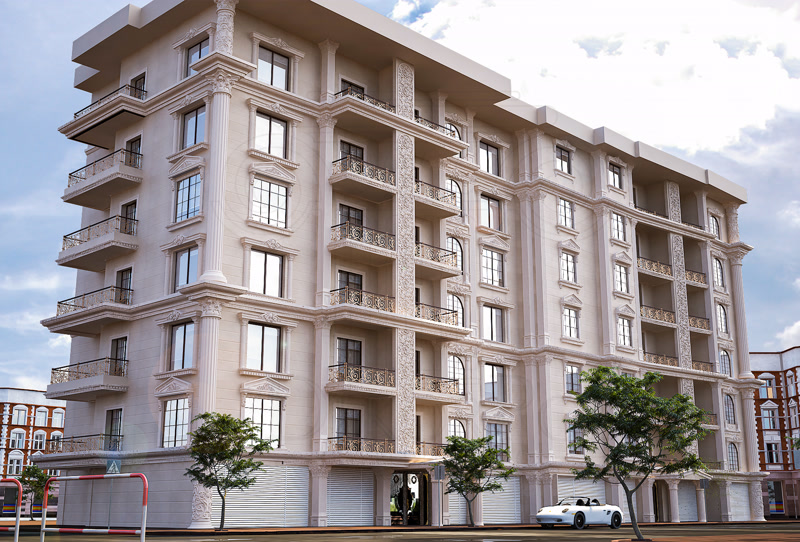 Multi-Story Luxury Apartment Building Facade Rendering