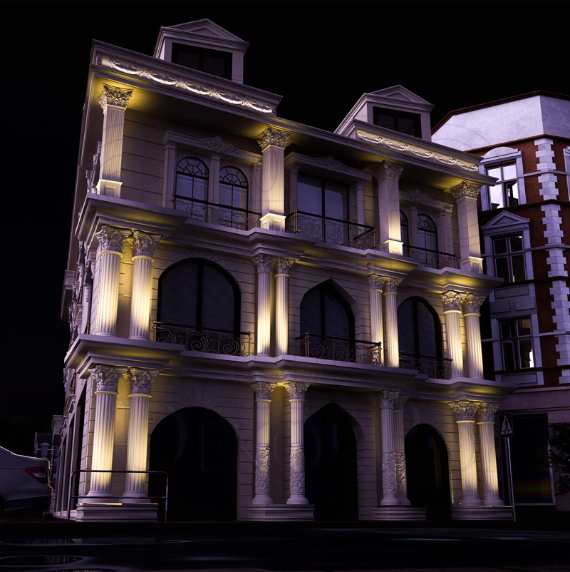 Night rendering of a classical three-story building facade with warm yellow LED column uplighting.