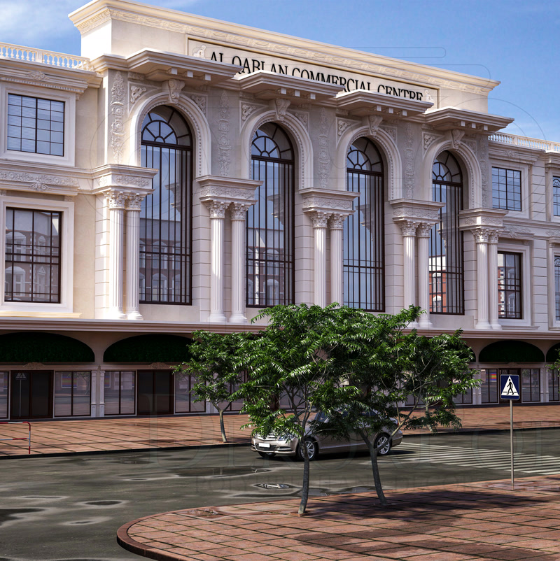 Commercial Center Facade with Double-Height Windows