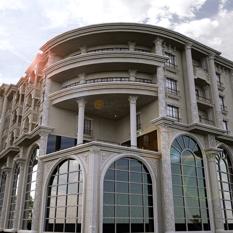 Curved Corner Hotel Facade with Arched Glass Portals
