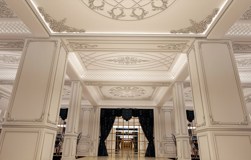 Upward Perspective of White Pillars and Coffered Ceiling
