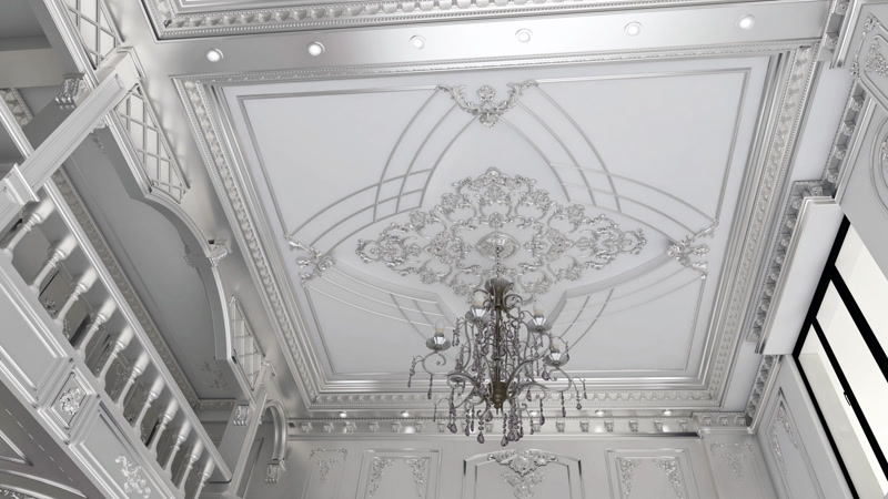 Silver Leaf Coffered Ceiling with Crystal Chandelier