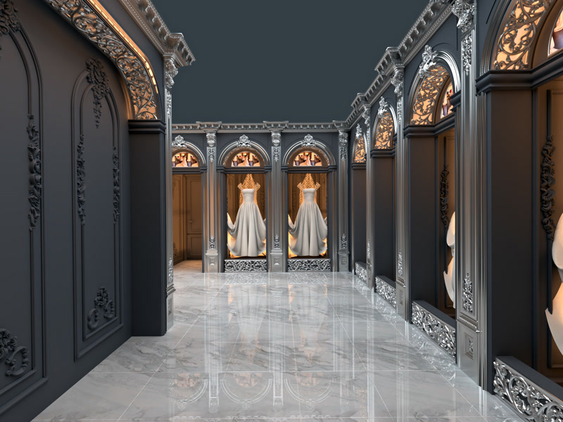 Gothic Black Bridal Boutique Showroom Corridor