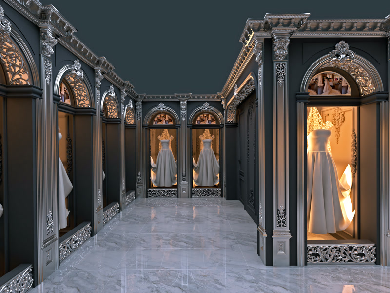 Panoramic Boutique Showroom Corridor with Silver Trims